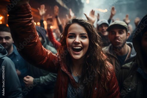 Crowd in ecstatic reaction, capturing facial expressions and hands waving rhythmically