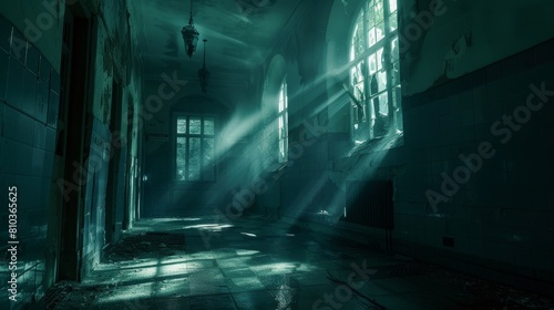 School hall warped into a dungeon concept  close-up  casting ominous shadows on the walls  perfect for a mystical nightmare scene