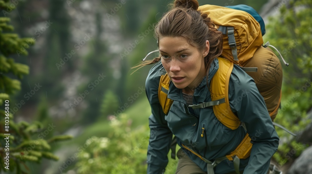 woman blazing a trail through rugged terrain in the wilderness, dressed in durable sportswear, with a determined yet joyful expression as she embraces the challenges of the journey