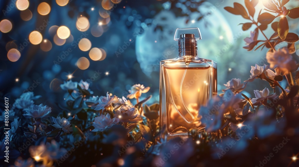 Realistic perfume bottle amidst a blurred moon garden at midnight, mysterious and ethereal, perfect for enchanting advertising