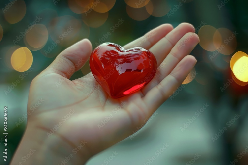 Red glass heart in hand with blurred background. Copy space. Blood donor day concept Red glass heart in hand with blurred background. Copy space. Blood donor day concept