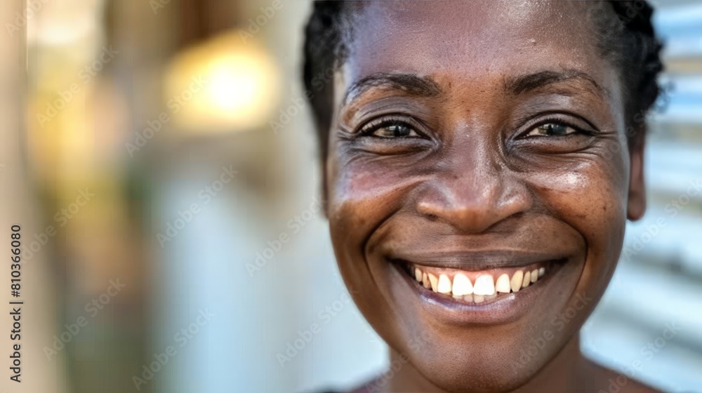 A portrait of a woman with a big smile. Her eyes are crinkled and her cheeks are full. She is happy and content. A portrait of a woman with a big smile. Her eyes are crinkled and her cheeks are full. She is happy and content.