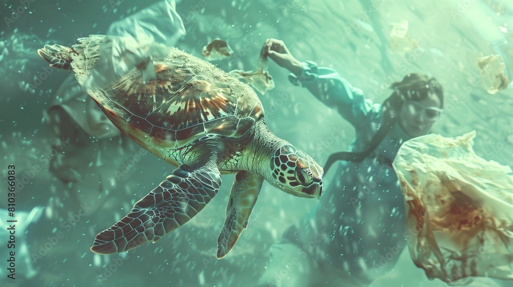Fototapeta premium the volunteer carefully removing a plastic bag tangled around a sea turtle or seabird, with a poignant reminder of the devastating effects of pollution on marine wildlife, inspiring viewers 