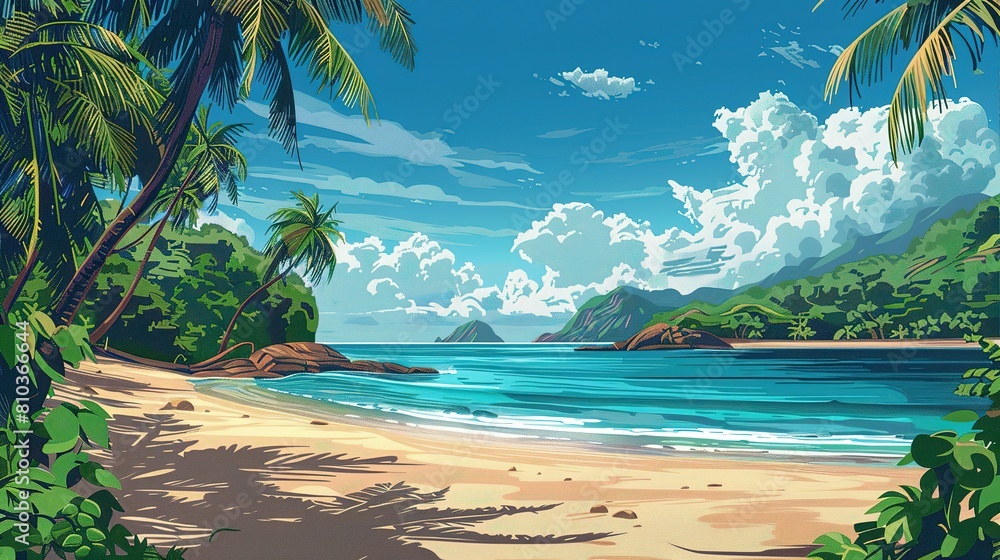 Naklejka premium Breathtaking Ocean Views, Pristine White Beaches, and Towering Palm Trees Under a Bright Summer Sky