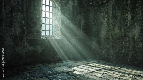 Mysterious close-up of a castle dungeon, with a solitary beam of light piercing through a window, casting stark shadows on the stone floor photo