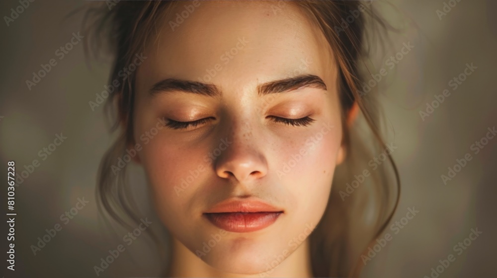 A portrait of a young woman with a peaceful expression. Her eyes are closed and her lips are slightly parted. She is calm and serene. A portrait of a young woman with a peaceful expression. Her eyes are closed and her lips are slightly parted. She is calm and serene.