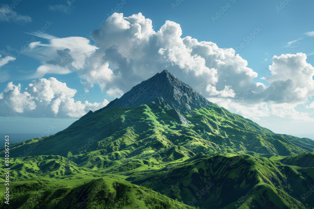 High mountain with green grass, clouds and blue sky. Mountain peak in tropical landscape.