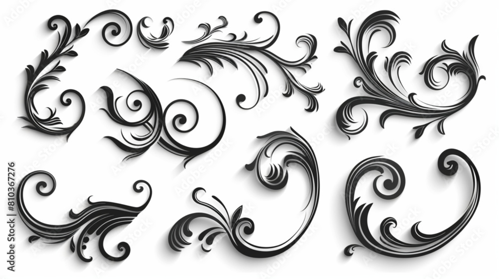 Naklejka premium Calligraphic swirl. Line flourish ornament. Filigree ornamental curls swashes. Decorative elegant victorian swirls for vintage menu, text divider 3D avatars set vector icon, white background, black co