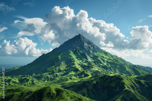 High mountain with green grass  clouds and blue sky. Mountain peak in tropical landscape.