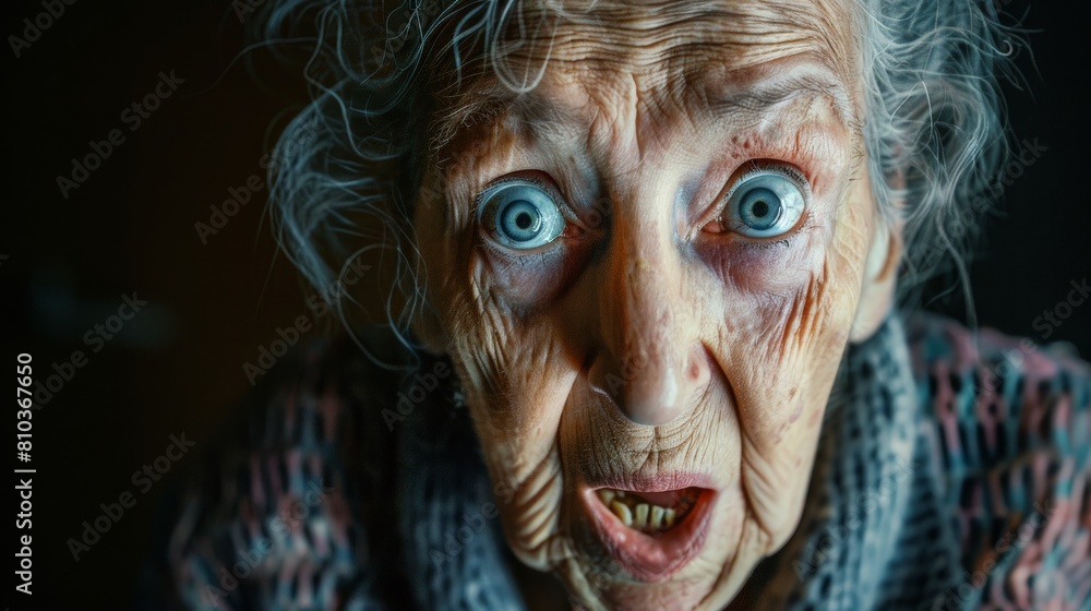 A portrait of an elderly woman with a scared expression. Her eyes are wide and her mouth is trembling. She is frightened and terrified. A portrait of an elderly woman with a scared expression. Her eyes are wide and her mouth is trembling. She is frightened and terrified.