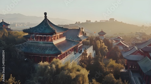 Lama temple in Beijing, China on a misty morning photo