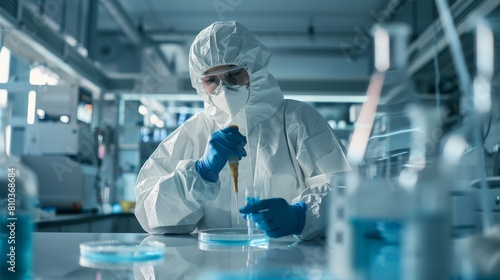 A scientist working in a lab, wearing a protective suit and looking at a petri dish. The scientist is studying a virus, and they are trying to find a way to stop it from spreading. photo
