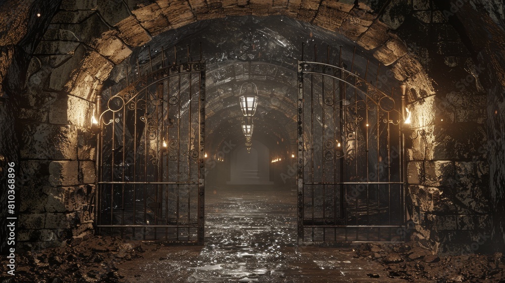 Detailed 3D rendering of a medieval dungeon with heavy stone walls, intricate iron gates, and flickering torches Detailed 3D rendering of a medieval dungeon with heavy stone walls, intricate iron gates, and flickering torches