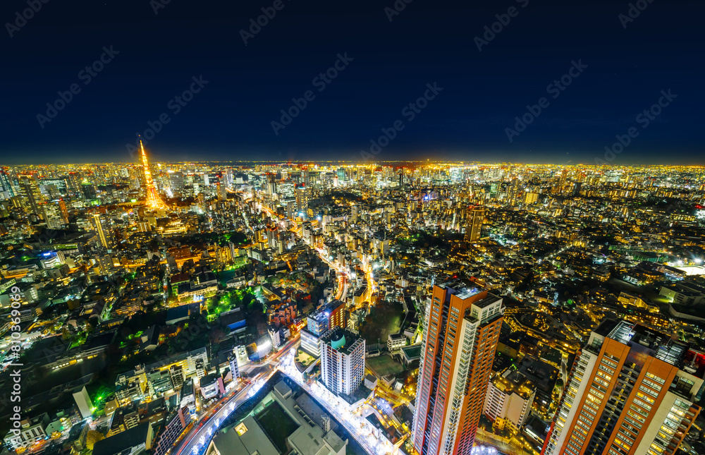 Aerial view of a vibrant city illuminated at night, showcasing the urban glow and skyline