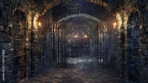 Detailed 3D rendering of a medieval dungeon with heavy stone walls  intricate iron gates  and flickering torches