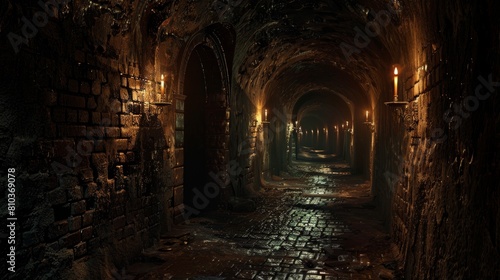 Dark  torch-lit medieval catacombs  shadows and grim stone corridors stretching endlessly  conjuring a nightmarish atmosphere