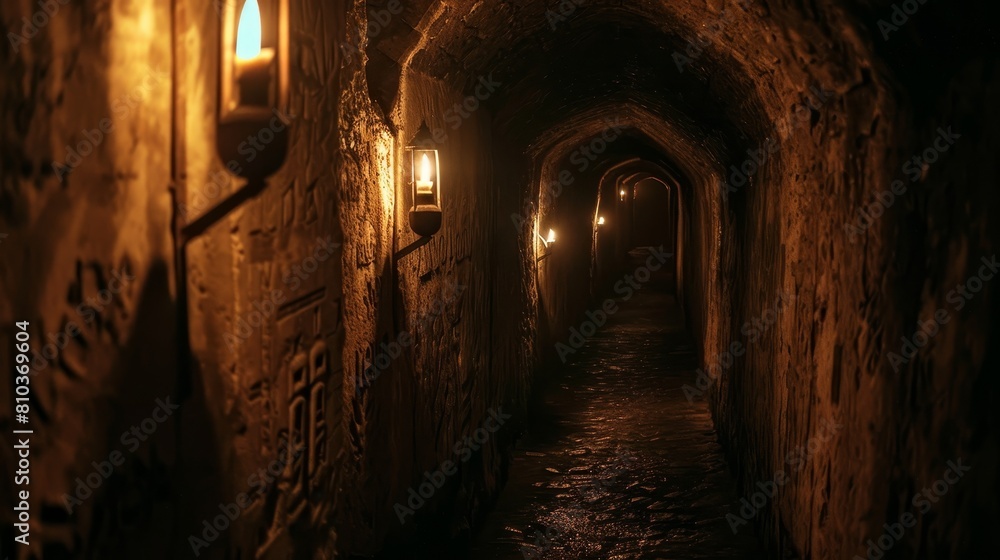 Close-up view of a torch-lit corridor in medieval catacombs, walls lined with eerie stone carvings, endless darkness ahead, mystical nightmare vibe