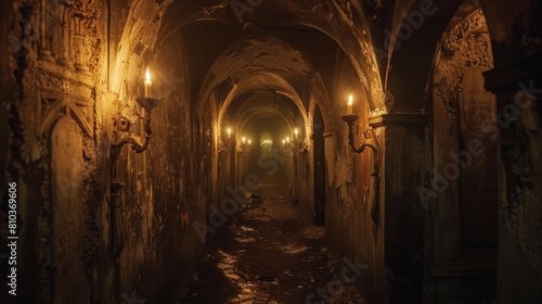 Close-up view of a torch-lit corridor in medieval catacombs, walls lined with eerie stone carvings, endless darkness ahead, mystical nightmare vibe