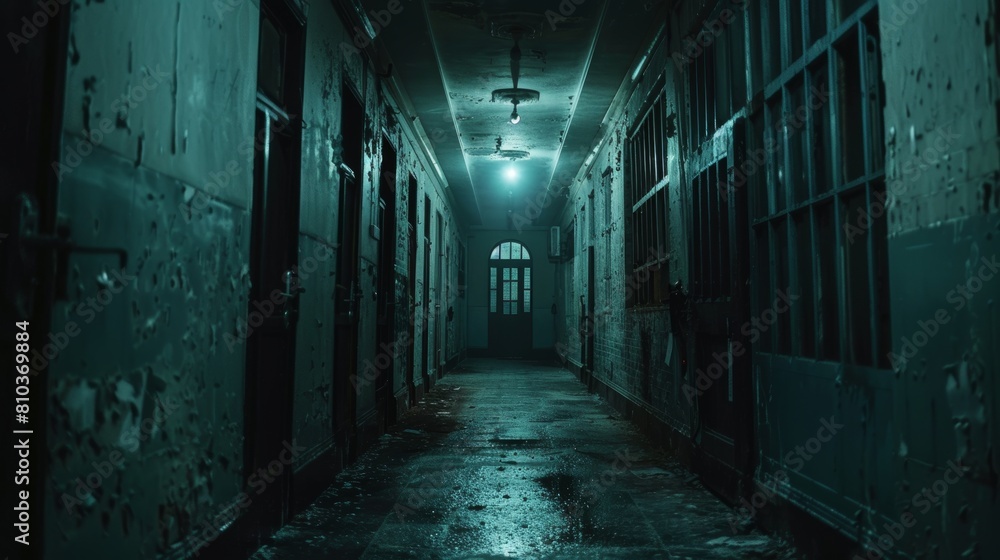Close-up view of a dimly lit school hall resembling a dungeon, twisted corridors for a chilling nightmare atmosphere