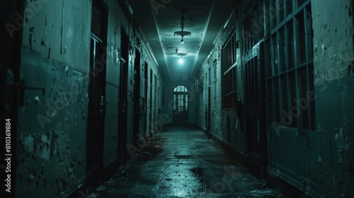 Close-up view of a dimly lit school hall resembling a dungeon, twisted corridors for a chilling nightmare atmosphere