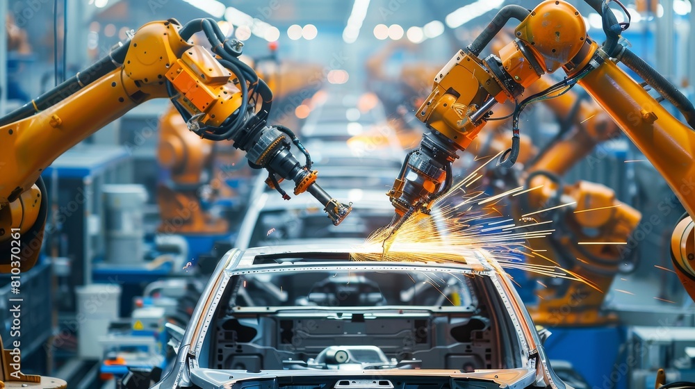 Close-up of precision manufacturing at a car assembly line, robotic machinery and engineers ensuring high-quality vehicle production Close-up of precision manufacturing at a car assembly line, robotic machinery and engineers ensuring high-quality vehicle production