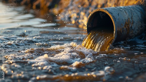 Close-up of polluted sewage gushing from a factory pipe, contaminating the river, emphasizing the ecology and pollution concept photo