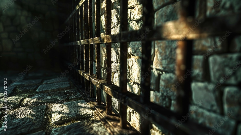Close-up of medieval dungeon jail cells, with shadows revealing the eerie stone textures and iron bars, fitting for role-playing settings Close-up of medieval dungeon jail cells, with shadows revealing the eerie stone textures and iron bars, fitting for role-playing settings