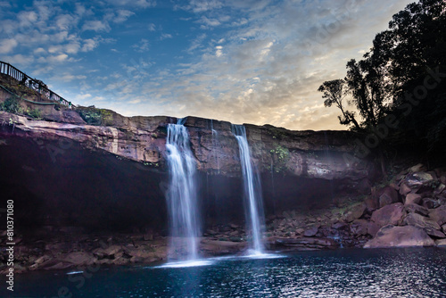 Majestic twin waterfalls at dusk