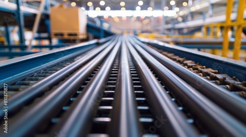 A view of the conveyor belt from the side. The belt is moving smoothly  and the items are spaced evenly apart. The belt is made of a durable material that will not tear or break.