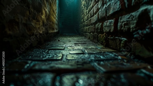 Close-up of an ancient footpath through a shadowy school dungeon, casting an eerie mystical atmosphere, nightmare journey photo