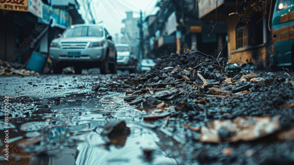 Naklejka premium Atmospheric close-up of urban street debris, highlighting the grimy street surface with vehicles and structures in the background