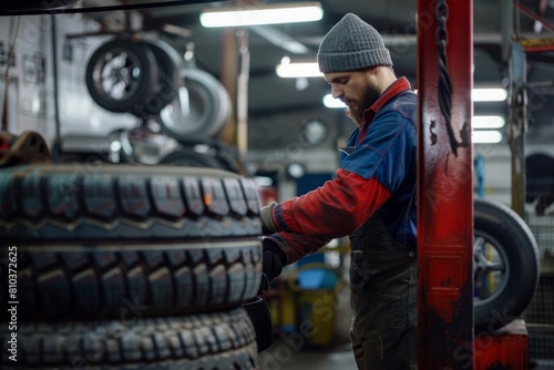 Male mechanic holding car tire in automobile store © Andrei