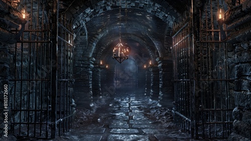 Atmospheric 3D illustration of a medieval dungeon's stone corridors and intricate gates, with flickering torches casting shadows