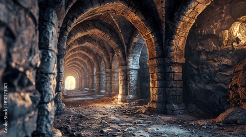 Artistic close-up of a dimly lit medieval dungeon, highlighting intricately carved stone pillars and archways, fantasy construction