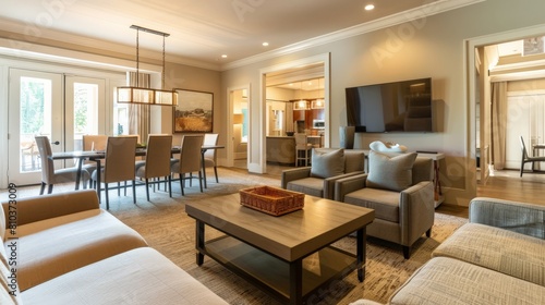 A view of the living room from the dining room. The living room has a beige wall  and it is furnished with a sofa  coffee table  and armchairs.