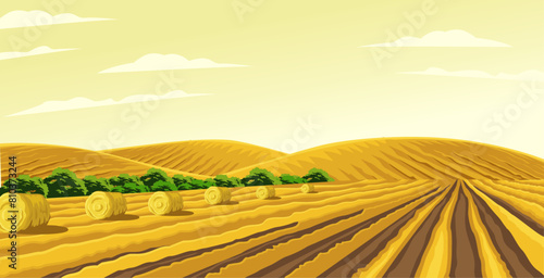 illustration of a wheat field with rolls of wheat on a background of hills