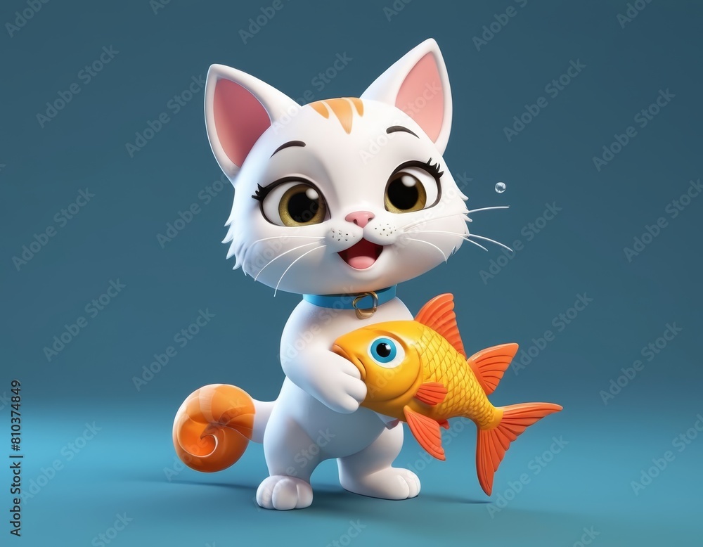 3d cartoon cat holding fish 