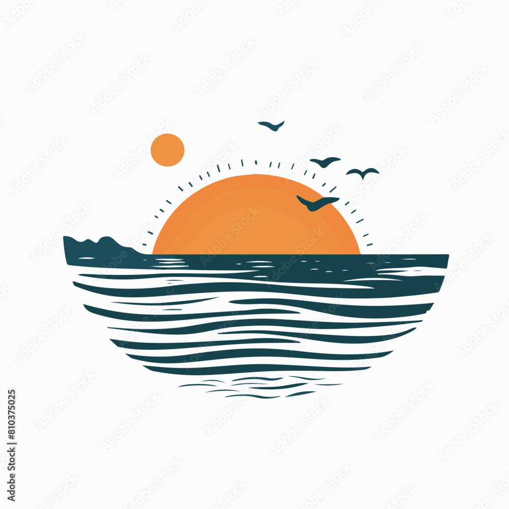 Sunrise with sea in cartoon, doodle style. Image for t-shirt, web, mobile apps and ui. Isolated 2d vector illustration in logo, icon, sketch style, Eps 10. AI Generative