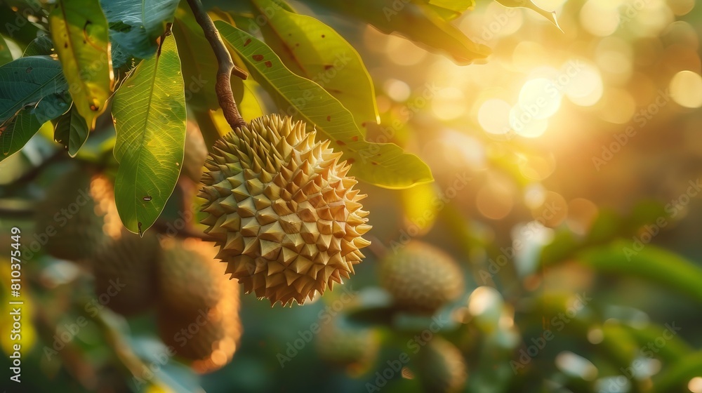 A bounty of durian fruits hanging from branches, spikes detailed with a blurry garden backdrop A bounty of durian fruits hanging from branches, spikes detailed with a blurry garden backdrop