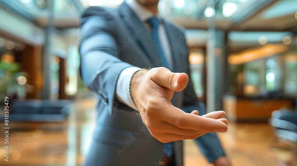 Close-up of a businessman extending his hand for a handshake in a modern office lobby.