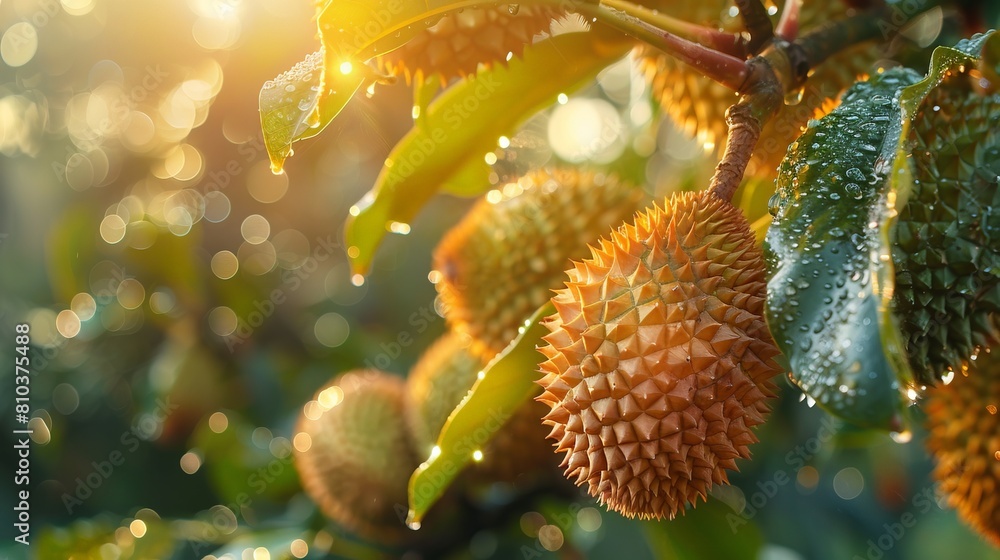 Close-up of a ripe Thai Monthong durian on the tree, bathed in soft morning sunlight, dew drops glistening on its spiky shell