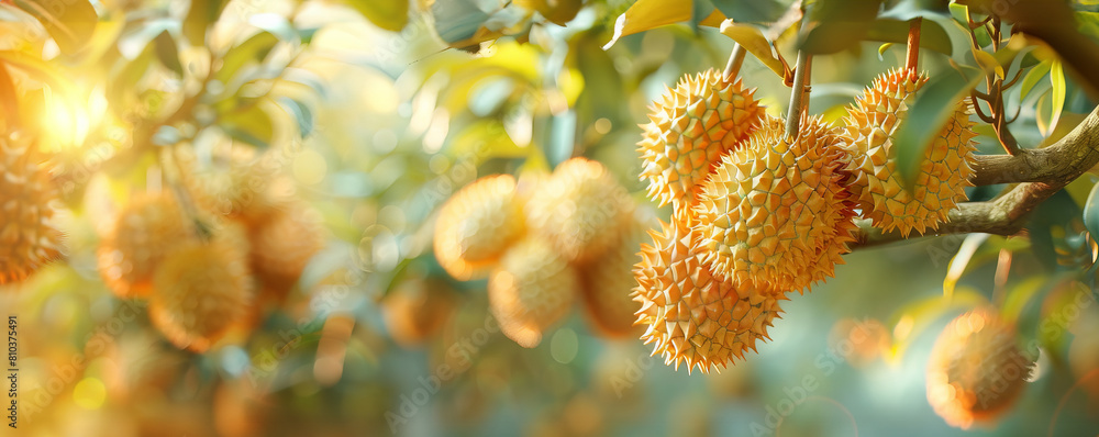 A bounty of durian fruits hanging from branches, spikes detailed with a blurry garden backdrop A bounty of durian fruits hanging from branches, spikes detailed with a blurry garden backdrop