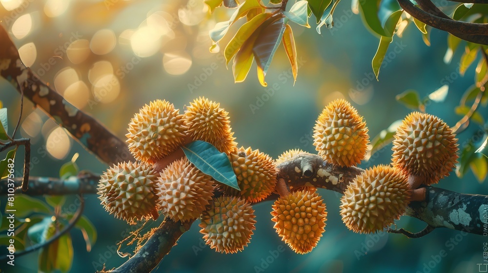 Many durian fruits stuck on the branches of the durian tree, ready for harvest, surrounded by a blurry green natural garden background Many durian fruits stuck on the branches of the durian tree, ready for harvest, surrounded by a blurry green natural garden background