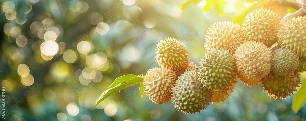 Many durian fruits stuck on the branches of the durian tree, ready for harvest, surrounded by a blurry green natural garden background