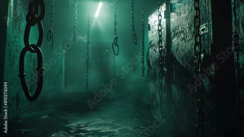 Detailed shot of a mystical school locker, chains and shadows creating a dungeon-like feel, with dim lighting for a nightmare ambiance