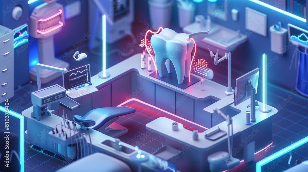 Detailed low-poly teeth treatment illustration, highlighting the modern equipment in an innovative dental clinic