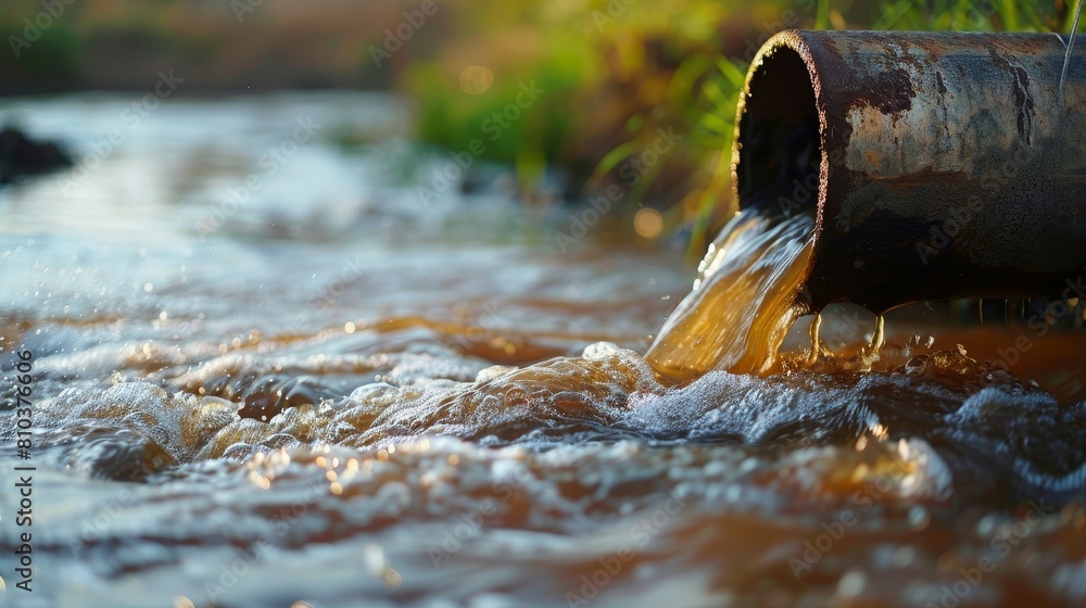 Detailed close-up of murky sewage pouring out of an industrial pipe, polluting a natural river, focusing on the environment and ecology Detailed close-up of murky sewage pouring out of an industrial pipe, polluting a natural river, focusing on the environment and ecology