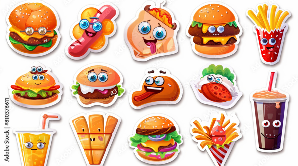 Cartoon fast food stickers. Retro comic cards and label with hot dog, ice cream and drinks. Trendy mascot food characters. Design elements for food restaurant vector set 3D avatars set vector icon, wh