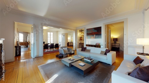 A wide-angle view of the apartment. The apartment is spacious and well-lit. The floors are made of wood, and the walls are painted white. The furniture is modern and stylish.