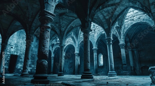 Detailed close-up of gothic pillars and archways in a dimly lit medieval dungeon, capturing the fantasy construction style photo